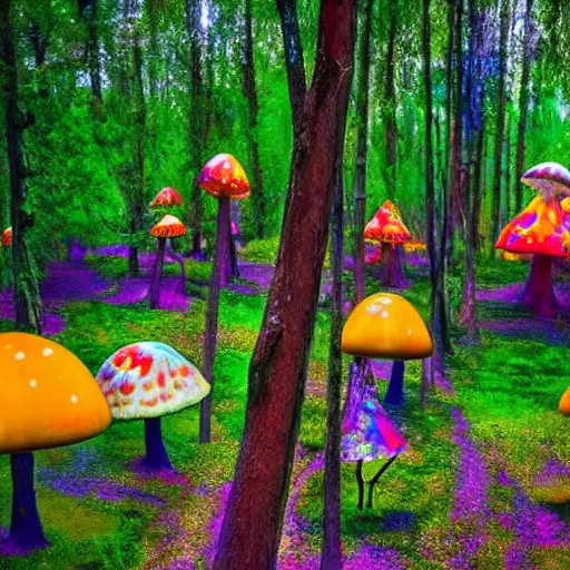 Image similar to psychedelic forest with small people on swings hanging from giant mushrooms, van Gogh