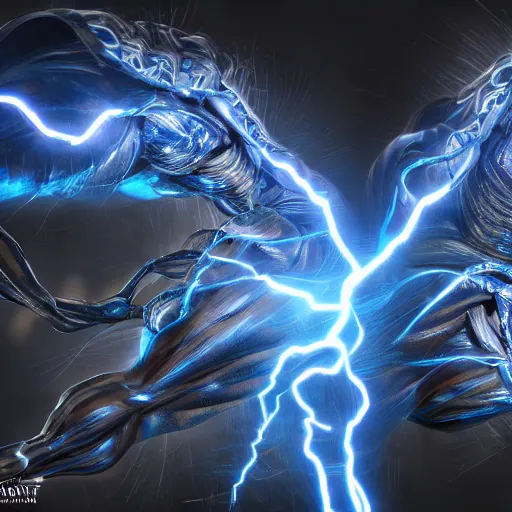 Prompt: photography of a hyper realistic highly detailed stunning humanoid creature, controls complex and highly detailed blue lightning strikes as a super power. professionnal digital art, artstatiom, stuning, intricate, complex, unreal engine 5.