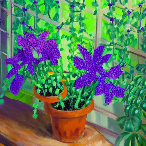 Prompt: several green and violet poisonous spiked vines grow from a pot, on wooden table in the ray of sunshine in greenhouse, oil painting, sharp focus, high detailed, calm, warm lighting, sparkles, by Rutkowsky