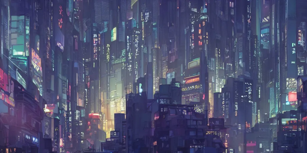 Prompt: a stylized 2 d cinematic keyframe of a ghost in the shell city at night, awe inspiring, joy gaze, cel - shaded, classical animation, edge to edge print, rendered by studio ghibli, artgerm, alyssa monks, andreas rocha, david kassan, neil blevins, rule of thirds, golden ratio, ambient lighting