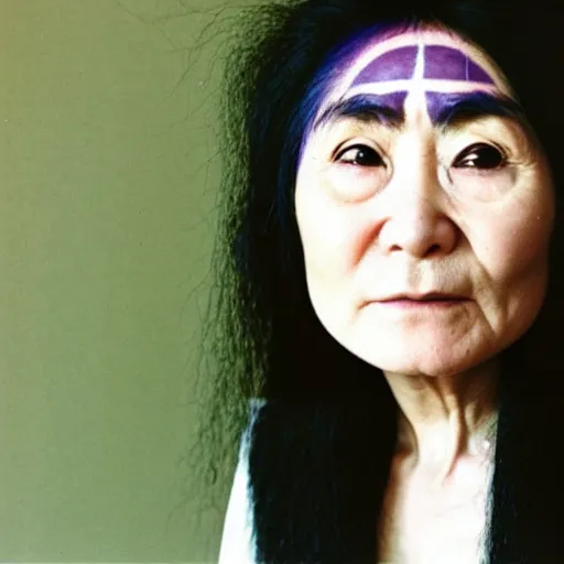 Prompt: photo of yoko ono in 1 9 7 4 with dyed purple hair, face tattoos, and face peircings