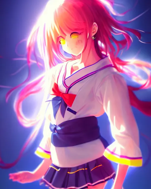 Image similar to anime style, vivid, expressive, full body, 4 k, painting, a cute magical girl with a long wavy hair wearing a sailor outfit, correct proportions, stunning, realistic light and shadow effects, neon lights, studio ghibly makoto shinkai yuji yamaguchi