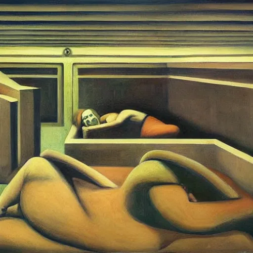 Image similar to sci - fi sarcophagus, statis chamber, sleeping crew, dystopian, pj crook, edward hopper, oil on canvas