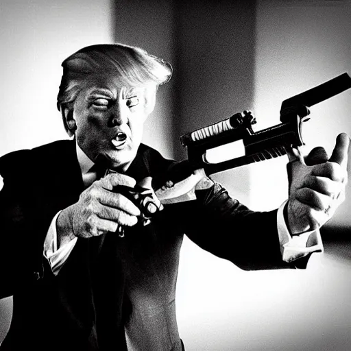 Prompt: “Donald Trump on the Call of Duty Map Der Reise fighting zombies and holding a Ray Gun, 8 mm lens photography”
