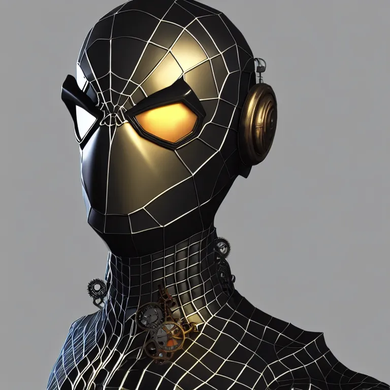Prompt: steampunk spiderman bust shot, 3 d render, 3 d rendering, hdr, dynamic lighting, unreal engine, shiny, metallic, reflective, perfect, black gradient background