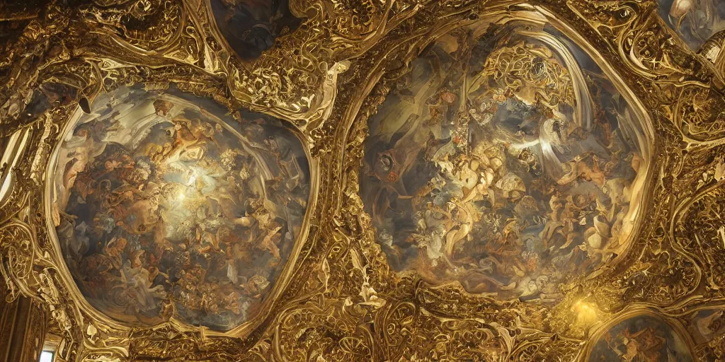 Prompt: beautiful ornate heavenly marble and gold rococo megastructure in the style of heironymus bosch, extremely intricate masterpiece, hyper detailed, realistic heavenly lighting, hd