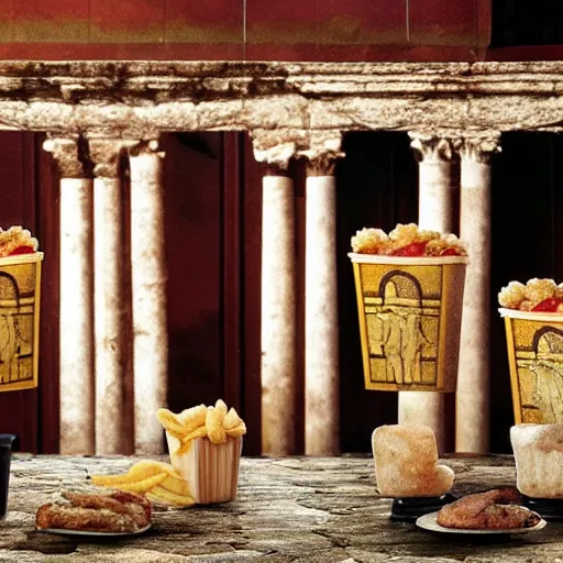 Image similar to Beautiful Promotional Photograph of ancient Roman McDonalds, wideshot,longshot,fullshot.