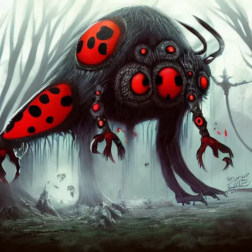 Prompt: ladybug as a monster, fantasy art style, scary atmosphere, nightmare - like dream by winkelmann