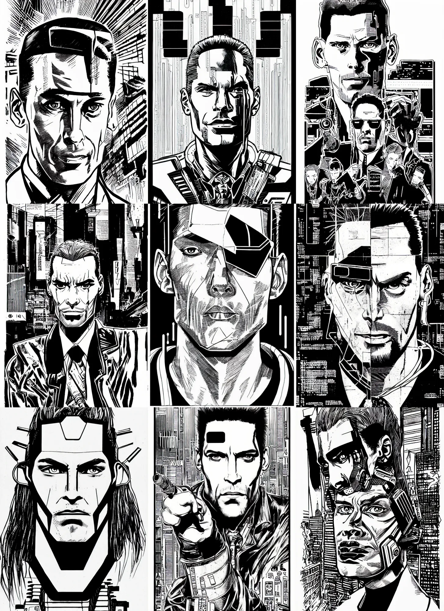 Prompt: johnny mnemonic, portrait, cyberpunk 2 0 2 0 manual, by steampoweredmikej, inktober, ink drawing, black and white, coloring pages, manga, highly detailed