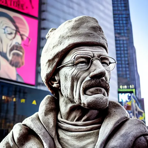 Image similar to extreme long - shot photograph of a renaissance clay sculpture of walter white wearing a phrygian cap in front of times square, made by michelangelo, very detailed, sharp focus, 8 k resolution, ray tracing