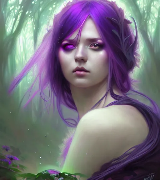 Image similar to stunningly beautiful female neon and purple hair, fantasy art, fae priestess, lush forest landscape, dark light night, goddess sharp focus, digital, painting, 8 k, concept art, art by wlop, artgerm, greg rutkowski and alphonse mucha