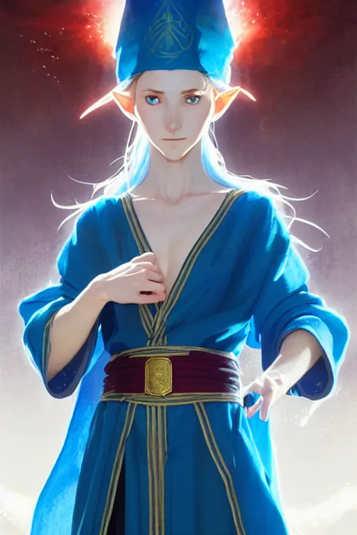 Image similar to elf female sorcerer doing water magic spells, blue robes, red hair, finely detailed perfect face, exquisite details, mid view, design on a white background, by studio muti, greg rutkowski makoto shinkai takashi takeuchi studio ghibli