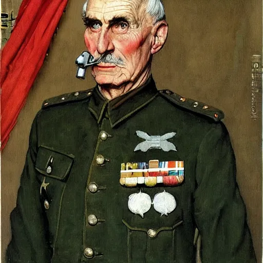 Prompt: a portrait painting of Field Marshal Bernard Law Montgomery. Painted by Norman Rockwell