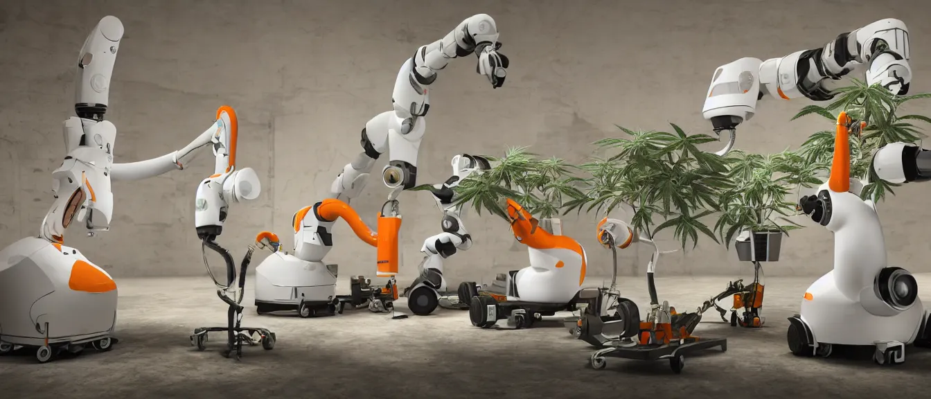 Image similar to three large white glossy kuka industrial robot harvesting a cannabis micro growery inside a fancy living room with retro modern furniture and decor, global illumination, artstation, fantasy, volumetric light