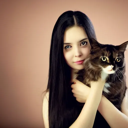 Image similar to a girl with long dark hair and a side part holding a cat in her arms, a stock photo by juan villafuerte, pexels contest winner, high quality photo, rtx, hd, shiny eyes, rasquache, a renaissance painting by sailor moon, anime, anime aesthetic