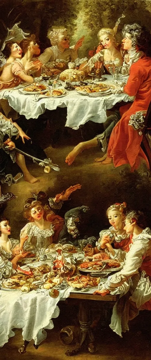 Image similar to vampires at a feasting dinner table with bones on plates super dreamy scary beautiful oil painting in the style of francois boucher