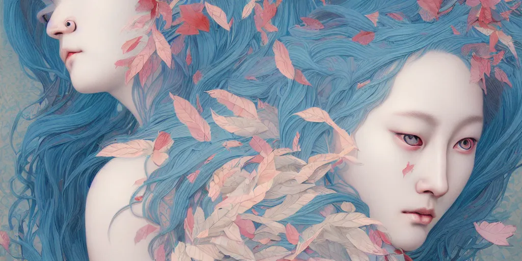 Image similar to breathtaking detailed concept art painting pattern with pastel colors of blue hair faces goddesses amalgamation autumn leaves with anxious piercing eyes, by hsiao - ron cheng and james jean, bizarre compositions, exquisite detail, 8 k