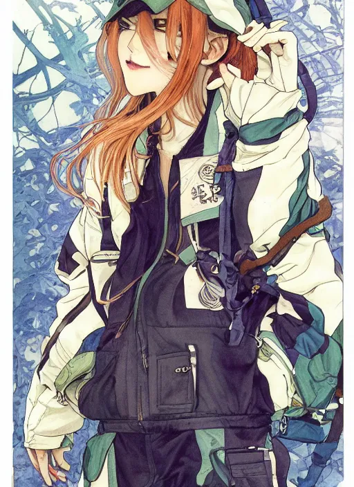 Prompt: a copic maker manga illustration by yoshiyuki sadamoto and lois van baarle and alphonse mucha of a russian girl highly features wearing streetwear anorak and a pilot suit lots of zippers, pockets, synthetic materials, by issey miyake and balenciaga 8 k