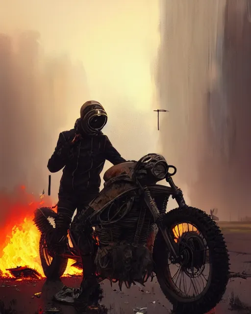Image similar to a ultradetailed beautiful panting of post apocalyptic biker with helmet in front of crashed airplane burning, by ilya kuvshinov, greg rutkowski and makoto shinkai, trending on artstation