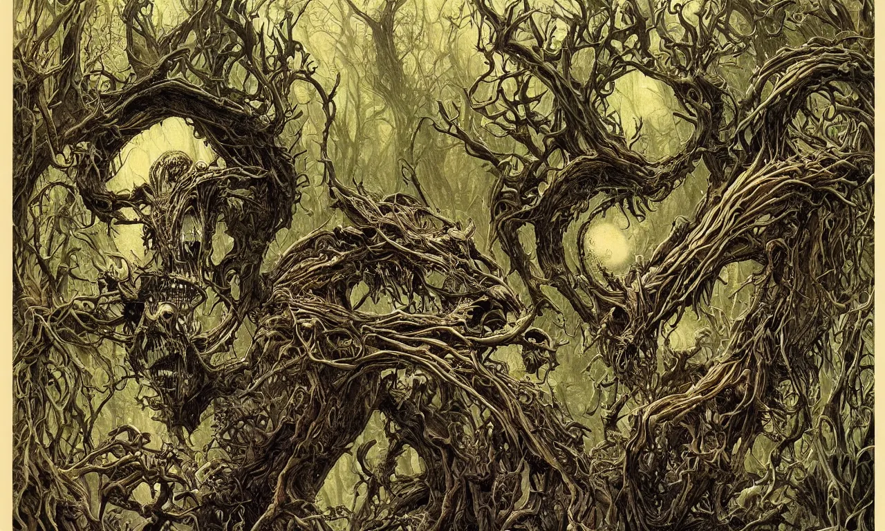 Image similar to hyperdetailed art nouveau portrait of treebeard as a chimera eyeball skull dragon monster, by micheal whelan, simon bisley and bill sienkiewicz, grim yet sparkling atmosphere, photorealism, claws, ribcage, fangs, forest, wild, crazy, scary, horror, lynn varley, lovern kindzierski, steve oliff