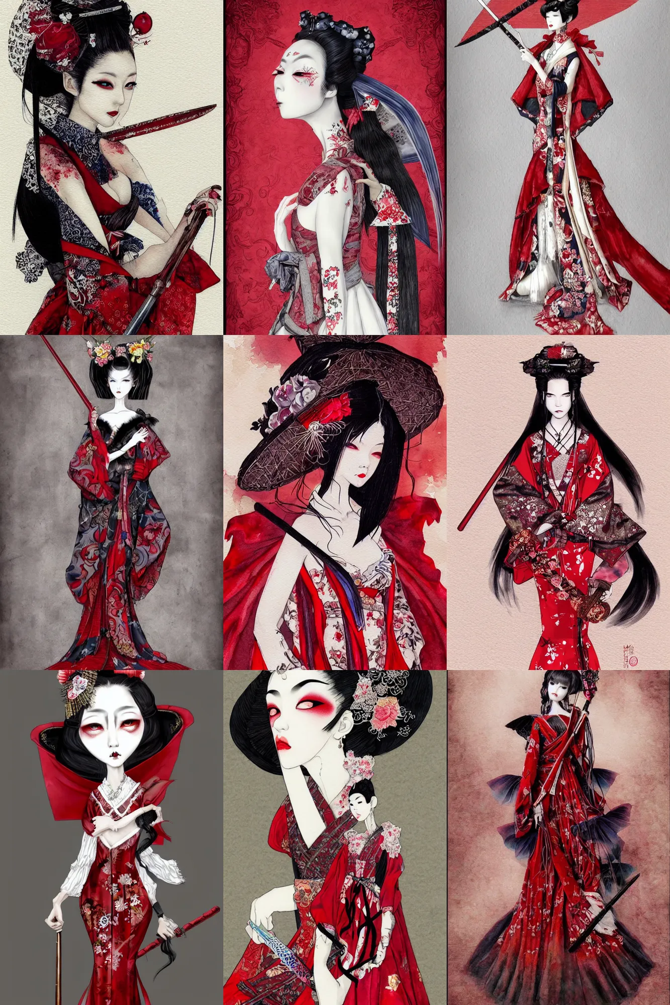 Prompt: watercolor painting avant - garde vogue fashion portrait of an japanese bjd geisha vampire queen with a long neck holding a sword in a victorian lolitafashion red dress in the style of dark - fantasy painted by nekro, intricate detail, artstation, artgerm, rococo