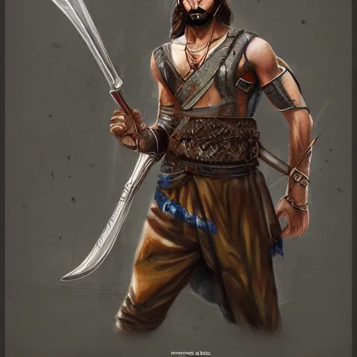 Image similar to kurdish male warrior, highly detailed, digital painting, artstation, concept art, sharp focus, illustration, incredibly strong and handsome