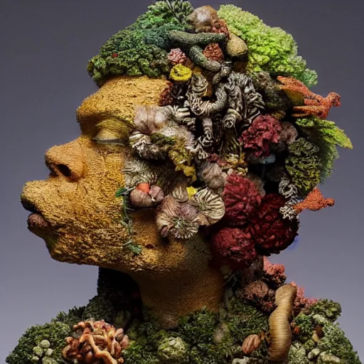 Image similar to a sculpture portrait made of smoke mushrooms and coral reefs and crystals and plants, painting part by wojciech siudmak, part by ilya repin, part by max ernst, part by norman rockwell, artstation