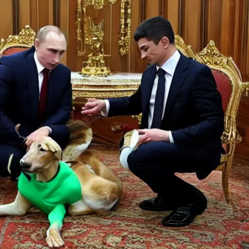 Prompt: Putin stay on knees like dog in cage and Zelenskiy feed him