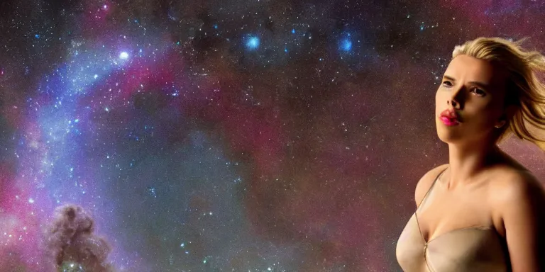 Image similar to film still of unrealistically curvy scarlett johansson, focus on facial - detail!!!!!!, walking on the bifrost, toward an endless abyss in space, wearing a flowy bikini inspired by ancient roman clothing, beautiful astronomical background with galaxies and nebulas, lack of sunlight, 8 k resolution, cinematic lighting, anatomically correct, by christopher nolan