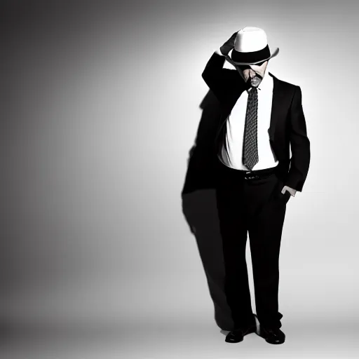 Image similar to man in suit walking towards camera with white background. wearing suit and hat. strong shadows. high contrast. serious look. carrying a pistol