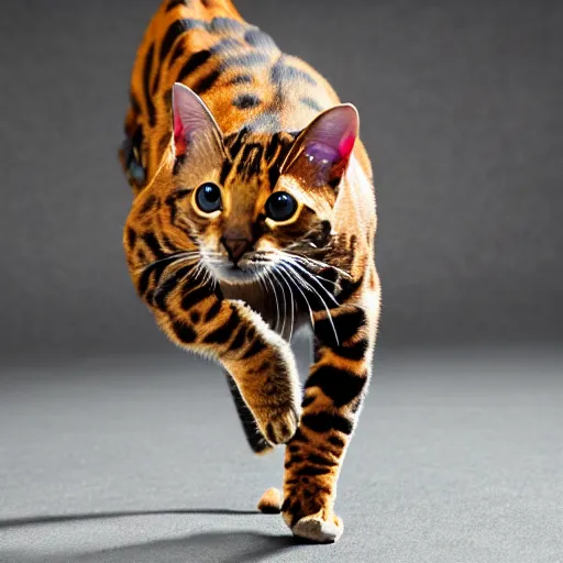 Prompt: a bengal cat in Robocop style armor chasing mice