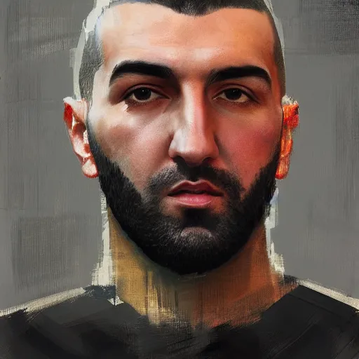 Prompt: A realistic hyperdetailed wide-shot digital oil portrait painting of an benzema in the style of Guy Denning, Ruan Jia, and Craig Mullins. Trending on ArtStation, DeviantArt, and Instagram. CGSociety Digital art. benzema.