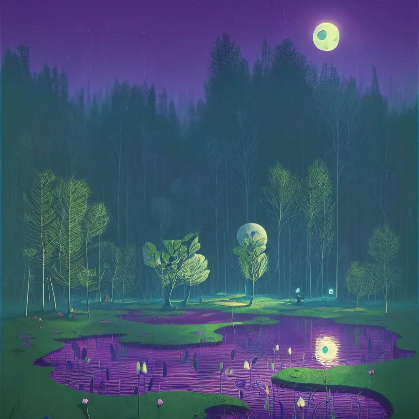 Image similar to ( ( ( gediminas pranckevicius ) ) ), a pond in the forest, moonlight, flower garden summer morning, very coherent and colorful high contrast art by simon stalenhag james gilleard floralpunk screen printing woodblock, dark shadows, pastel color, hard lighting