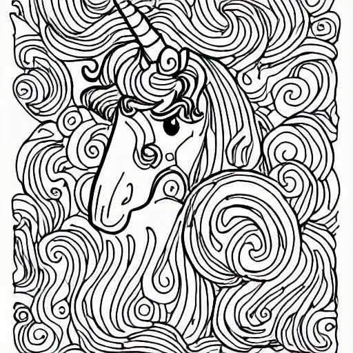 Prompt: unicorn, children's coloring book, black and white