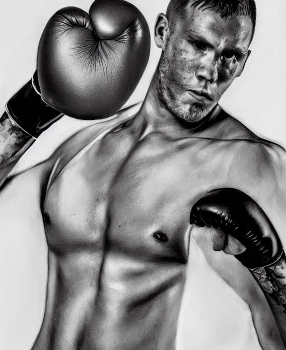 Image similar to portrait of a handsome young swedish boxer, art by denys tsiperko and bogdan rezunenko, hyperrealism