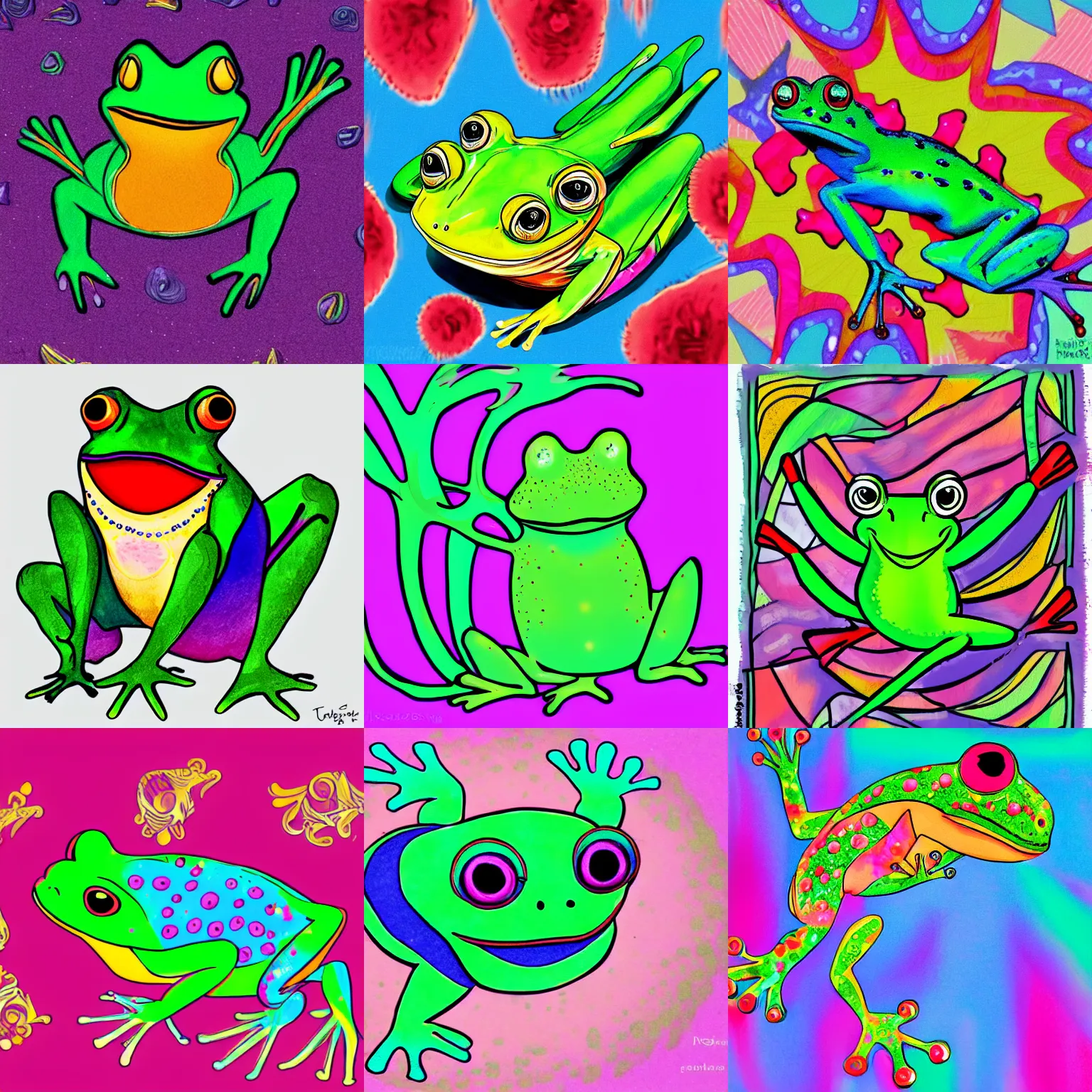 Prompt: a fancy dressed flamboyant whimsical frog, colorful illustration, emotions