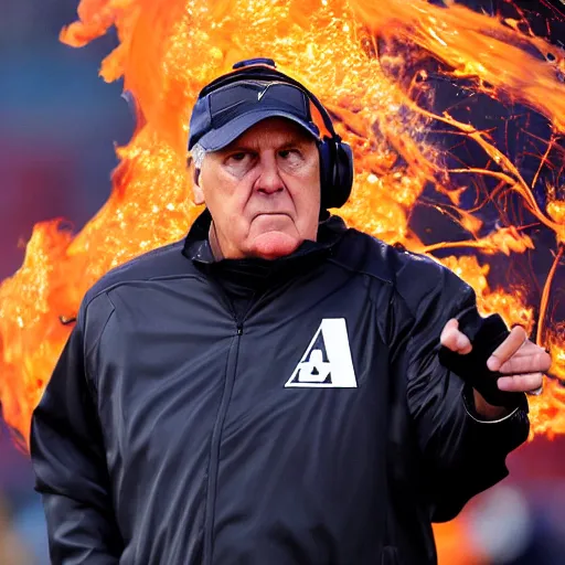 Image similar to Coach Belichick completely covered in flames and burning