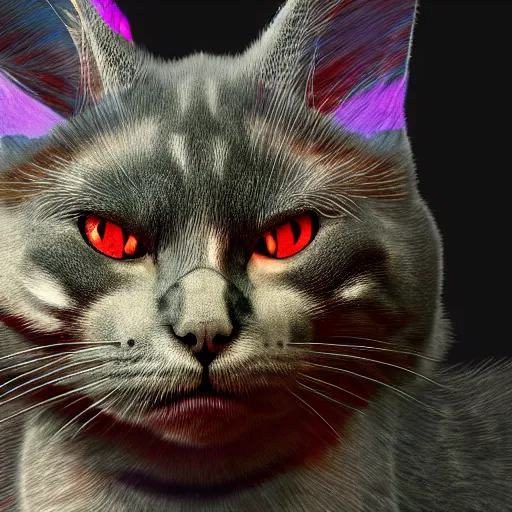 Image similar to Photorealistic demon cat. Hyperdetailed photorealism, 108 megapixels, amazing depth, glowing rich colors, powerful imagery, psychedelic Overtones, 3D finalrender, 3d shading, cinematic lighting, artstation concept art