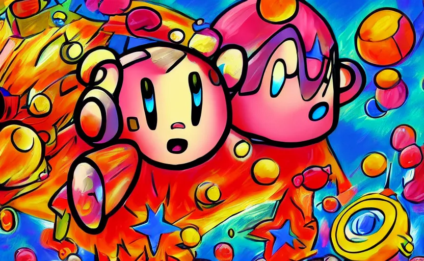 Prompt: Kirby dancing, digital painting, expressionistic, intricate detail, meticulous brush strokes, genius composition, masterpiece, work of art, 4k wallpaper