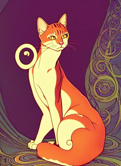 Image similar to art nouveau portrait of cat, natural lighting, path traced, highly detailed, high quality, cartoon, digital painting, by don bluth and ross tran and studio ghibli and alphonse mucha