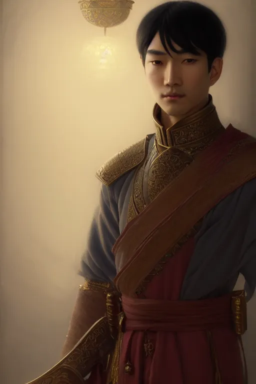 Image similar to a portrait of a asian male prince, illustration, soft lighting, soft details, dark mood, painting oil on canvas by Edmund Blair Leighton and Charlie Bowater octane render trending on artstation d&d characters, 4k, 8k, HD