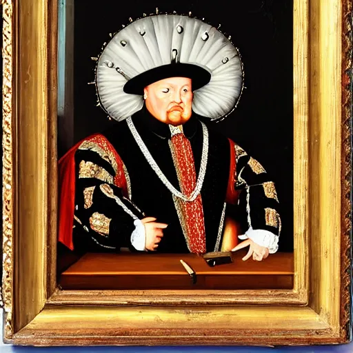 Prompt: king henry viii building a pc, wearing a crown and royal robes, 17th century detailed oil painting with a gilded frame