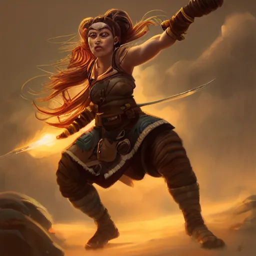Prompt: action portrait of a female dwarf fist-fighter with braided hair, dramatic 4K trending on artstation by peter mohrbacher photo