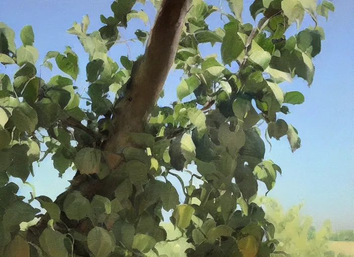 Prompt: oil painting of translucent pears on tree by greg manchess, backlit leaves by anders zorn, landscape by greg rutkowski