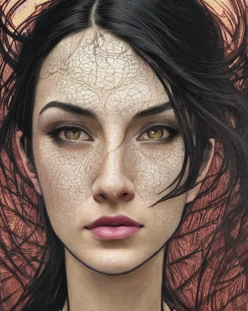 Image similar to portrait of a tall 4 0 - year - old woman with thin lips, long, lush black hair, and thick eyebrows, wearing in black clothes, hyper realistic face, beautiful eyes, close up, fantasy art, in the style of greg rutkowski, intricate, alphonse mucha, hyper detailed, smooth