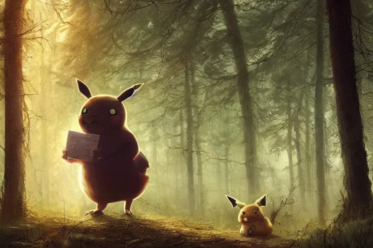 Image similar to Pikachu in the forest, horror, illustrated by Greg Rutkowski and Caspar David Friedrich, Trending on artstation, artstationHD, artstationHQ