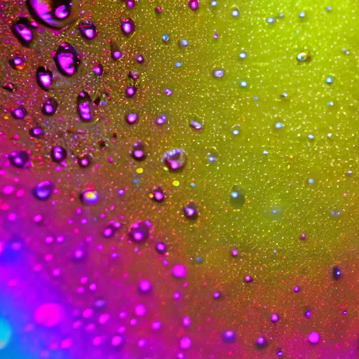 Prompt: close up shot of psychedelic droplets of water, digital, volumetric lighting, 8K