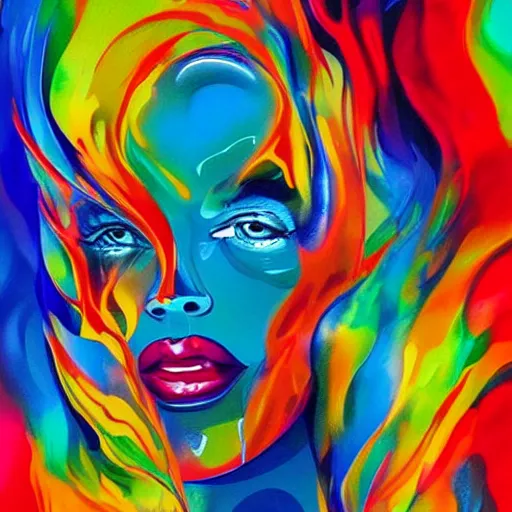 Prompt: abstract art with swirly color liquid acrylic paint and beautiful female face, beautiful color composition, warm colors, black details