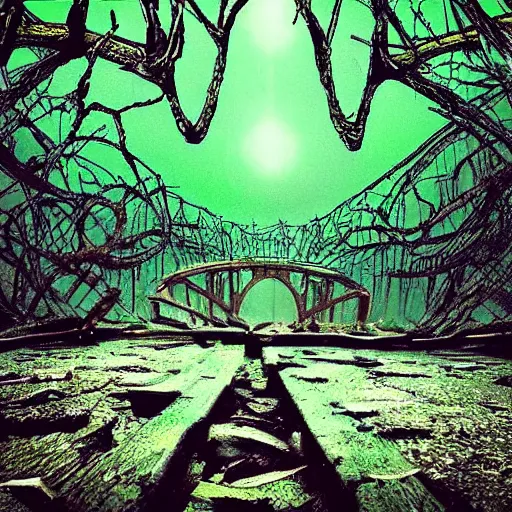 Prompt: “ a terrifying alien looms over a broken bridge, vines growing, wooded area ”