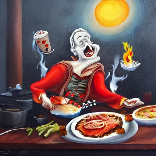 Prompt: time lapse painting of dracula cooking pizza